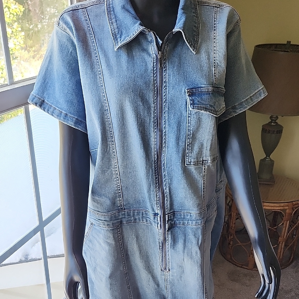 Denim Short Sleeve Zip-Up Jumpsuit